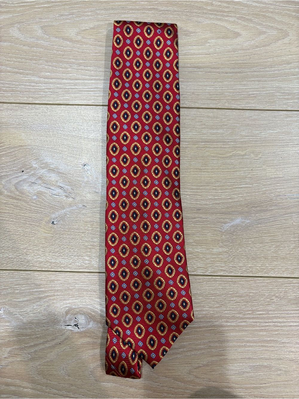 Jos. A. Bank 90’s Red Geometric Silk Tie with Gold and Navy Accents